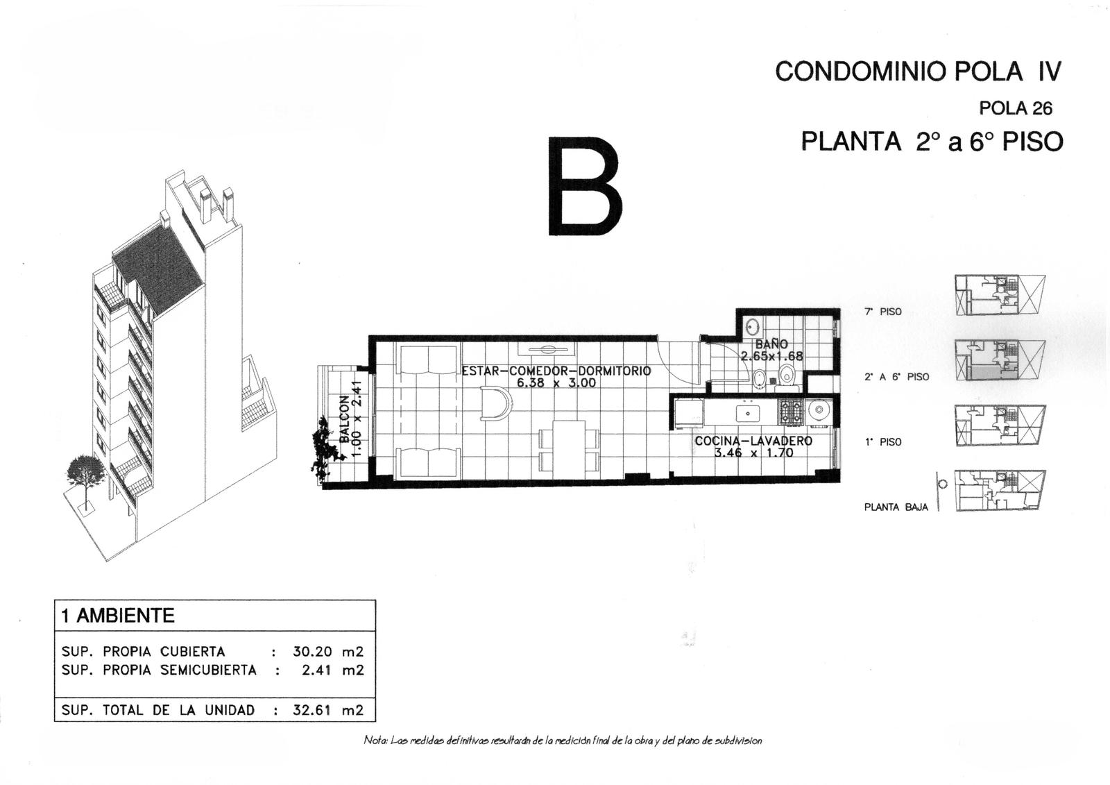 Monoambiente, 6° B, 32,88 m2 total, c/balcón al fte, Villa Luro